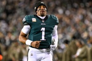 Jalen Hurts in his Eagles uniform on the field at Lincoln Financial Field